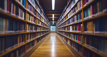 Aisle of Wisdom: A captivating, eye-level perspective unveils the grandeur of knowledge, as countless books stand erect within the hallowed halls of an antique library. 