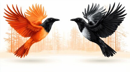Fototapeta premium Majestic Flight: Two Birds in Flight Against a Forest Backdrop