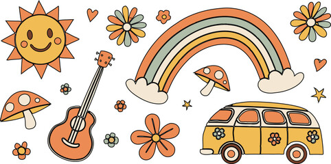 Retro Hippie Doodle Icons with Rainbow, Guitar, Van, and Sunshine. hippie, retro, doodle, rainbow, sunshine, guitar, van, flower, mushroom, cartoon