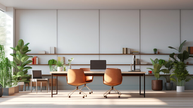 Minimalist office setup with sleek furniture, ideal for virtual office and Google Meeting backgrounds, showcasing a clean, modern workspace designed for productivity and professionalism.

