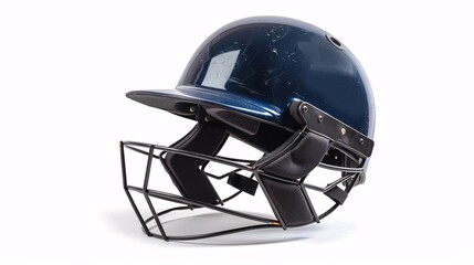 A shiny, dark blue cricket helmet with a black faceguard and adjustable straps, isolated on a white background.