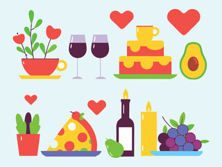 Colorful Romantic Food and Drink Icons – Flat Style Vector Illustration. colorful, romantic, food, drink, flat, vector, icon, illustration, love, dining