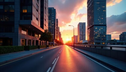 Obraz premium Sleek city street with dark grey pavement leading to a modern skyscraper at sunset, black, nighttime