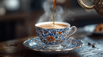 Hot Coffee Pouring into an Ornate Cup Warmly in a Rustic Setting