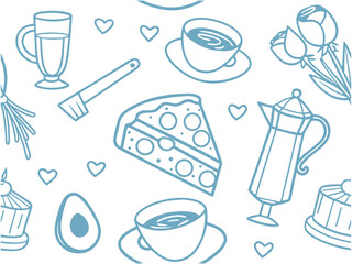 Blue Brunch Doodle Vector &ndash; Hand Drawn Food and Drink Icon Set. blue, doodle, brunch, coffee, pizza, tulip, cupcake, avocado, dessert, breakfast
