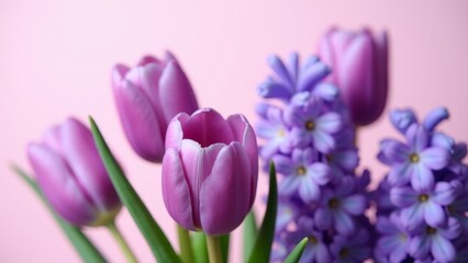 Fototapeta premium Purple Tulips And Hyacinth On Pink