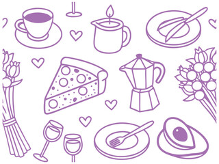 Romantic Brunch Food Icons – Purple Hand Drawn Doodle Vector Set. brunch, doodle, purple, coffee, pizza, flower, plate, wine, fork, romance