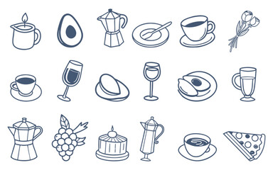 Minimal Food and Drink Line Icons  Hand Drawn Coffee, Cake, Wine, Pizza Vector Set