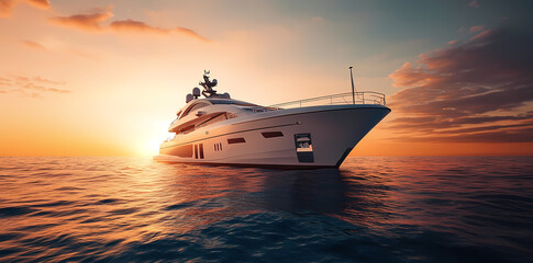 Naklejka premium Golden Hour Yacht: A luxurious yacht gracefully floats upon the serene expanse of the ocean, bathed in the warm, golden hues of a breathtaking sunset. A scene of opulent beauty and tranquility. 