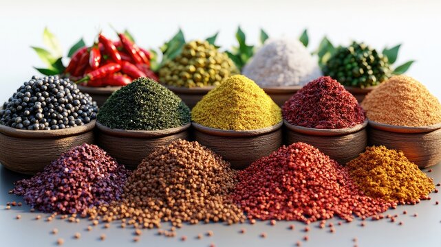 Vibrant spices - pepper, chili, cinnamon, cumin on dark backdrop. Ultra-realistic, cinematic food photo for restaurants, wallpapers.