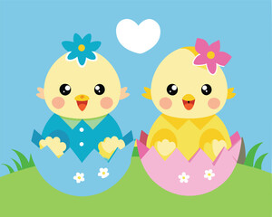 Fototapeta premium Cute Baby Chicks Hatching From Easter Eggs
