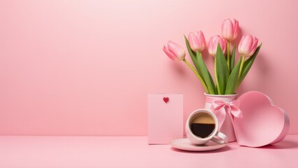 Pink Tulips, Coffee, And Heart Shaped Box