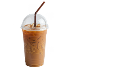 Iced coffee in a clear plastic cup with a brown straw against a black background on the left side