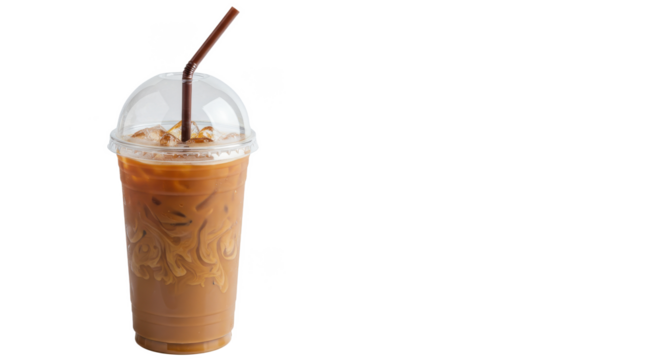 Iced coffee in a clear plastic cup with a brown straw against a black background on the left side