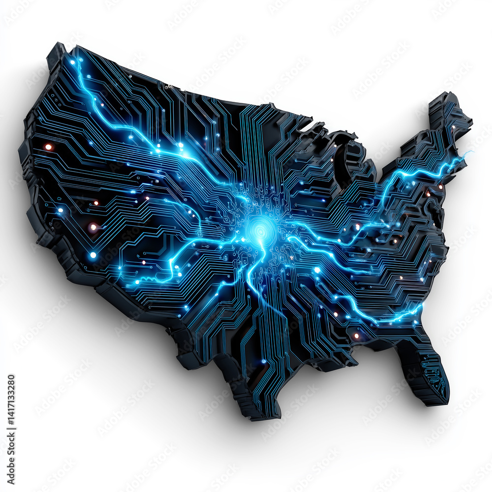 Poster map of the united states visualizing a national power grid or data network with blue energy pulsing 