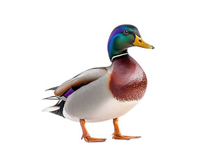 Obraz premium A mallard duck, a wild bird with green and brown feathers, is isolated on transparent background