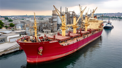 Large cargo ship maneuvering or docking near a major industrial refinery or factory complex in a port city.