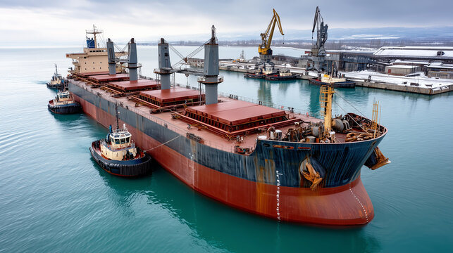 Large cargo ship maneuvering with tugboat assistance in a snowy industrial port with striking turquoise water.