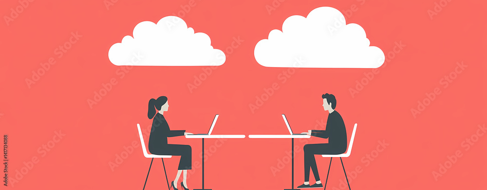 Poster cloud collaboration: a minimalist illustration depicts two individuals working on laptops at a share
