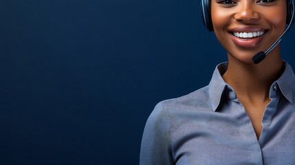 Torso portrait of Customer Service Representative seamless untextured navy background smiling ready assist wearing business casual attire headset reflecting excellent communication skill customer care