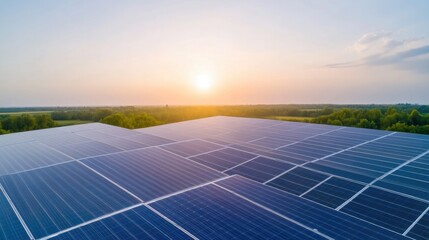 Solar panels array at sunset over a field