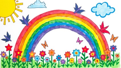Naklejka premium Childlike Drawing Of Rainbow, Sun, And Flowers