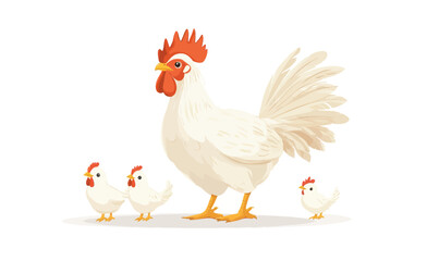 Fototapeta premium Minimalist Cartoon Chicken Family: Rooster, Hen, and Chicks Farm Illustrations