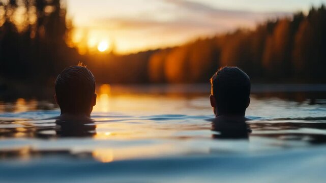 Two men relax in a calm lake during sunset, with vibrant autumn foliage in the background. The warm colors reflect the tranquility of nature's beauty