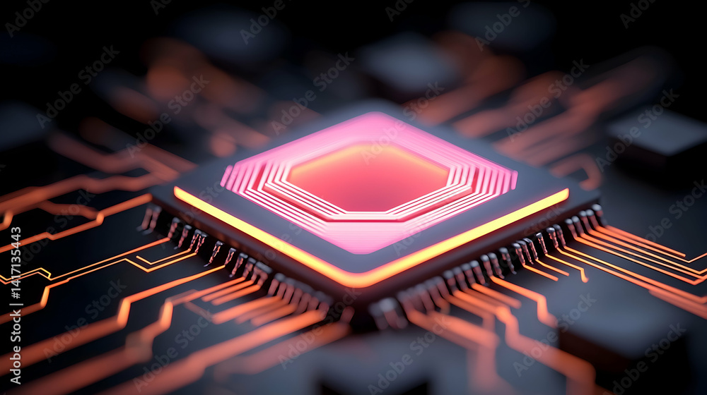 Poster close up of glowing red and orange microchip on dark circuit board
