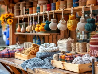 Handmade craft stall at christmas market cozy urban setting holiday decor vibrant textiles and accessories