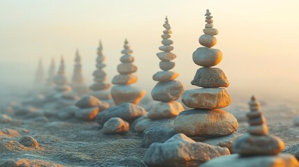 Obraz premium A serene landscape featuring multiple stone cairns arranged in a line disappearing into the fog