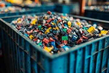 Bin full of discarded colorful toy cars at recycling center