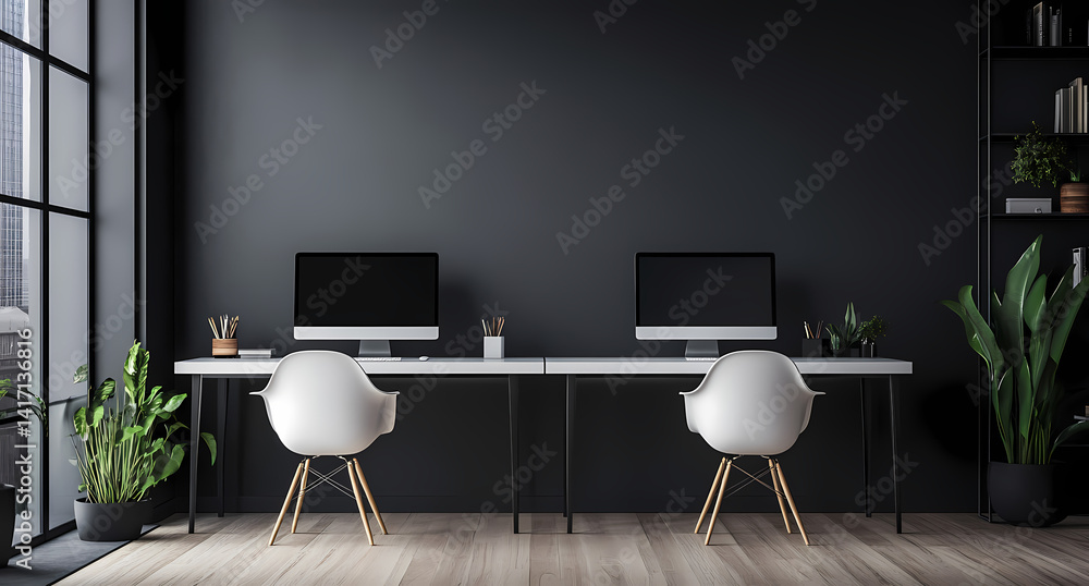 Aufkleber workspace serenity: a modern office setup featuring a minimalist design, two desks with computers, c