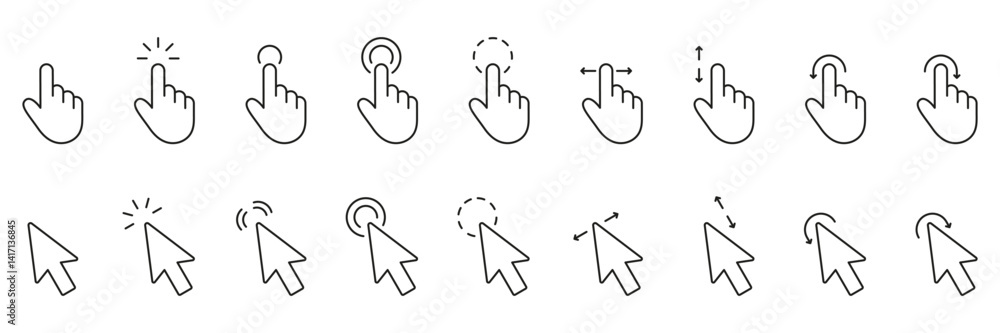 Fototapete cursor and pointer line icon set. click and gesture outline symbol collection. editable stroke. isol