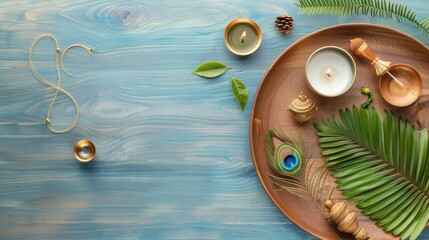 Diwali celebration with diya and incense festive flat lay colorful decor serene atmosphere aerial view cultural theme