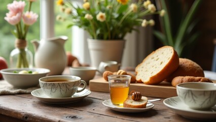 Breakfast Setup With Flowers On Table