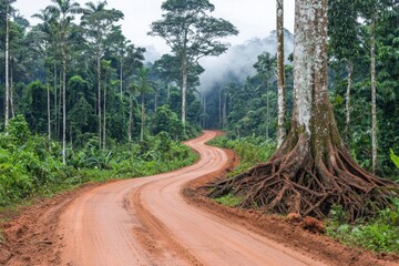 Forest road Red dirt path winding through dense, lush jungle. Trees rise tall on either side