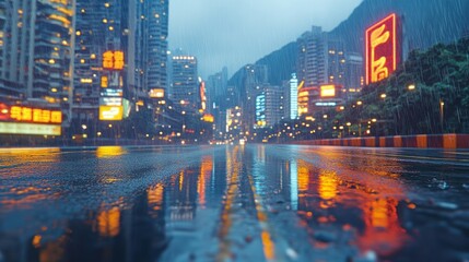 Naklejka premium Rain falls on a city street reflecting neon lights
