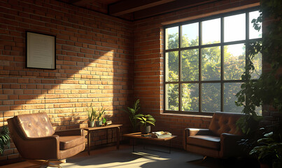 Fototapeta premium Interior serenity: The interior design has exposed brick, leather armchairs, and lush indoor plants. Bright window showcase views of the outdoor nature, with soft lighting. 