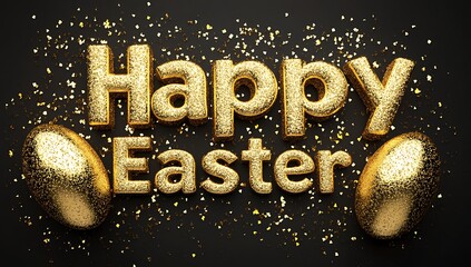 3D text Happy Easter with golden eggs, glitter background, golden colors, dark background, Easter theme