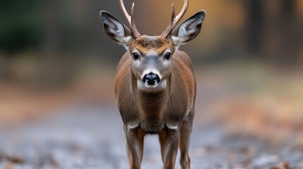 A deer stands in a forest path