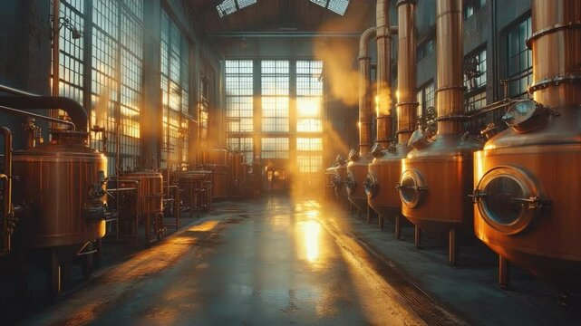 Golden Light in the Distillery: Interior view of a historic distillery, where a sunlit space is illuminated by rows of copper stills. The image captures the essence of craft and tradition.