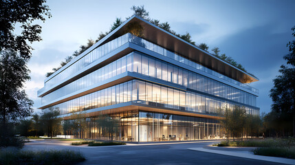 Obraz premium Modern Corporate Architecture: A contemporary architectural marvel with a sleek glass facade, reflecting the surrounding trees and sky, illuminated by soft evening light.