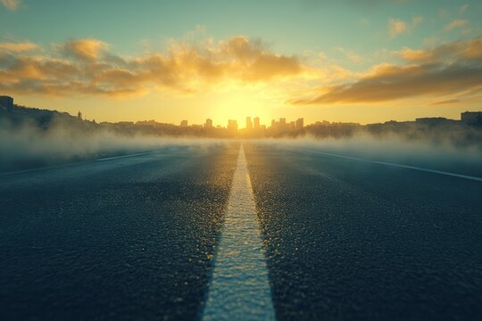 A road leads to a city skyline at sunrise