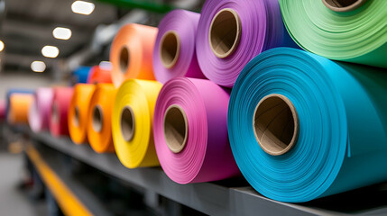 Colorful Rolls of Paper in a Factory Setting