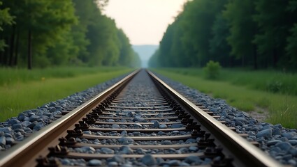 A journey into the verdant unknown, a railroad track disappearing into a serene forest of lush green trees under a soft, fading sunlight.