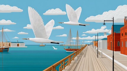 Naklejka premium A Tranquil Renaissance Port Scene with White Seagulls Soaring Over Calm Waters