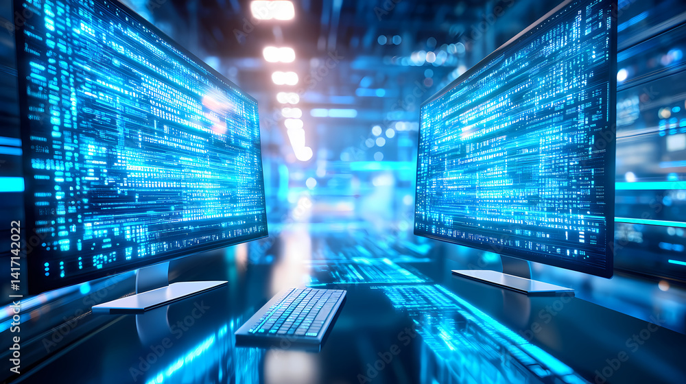 Poster digital gateway: futuristic digital realm is presented with vibrant monitors and glowing circuitry, 