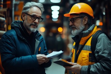 Two men review documents together in an industrial setting