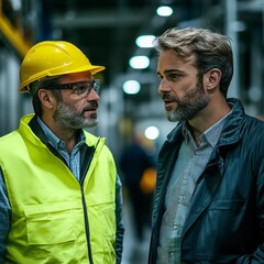 Two men discussing work inside a factory or warehouse